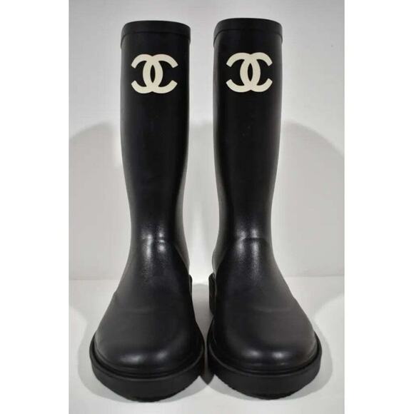 Chanel 22A Black White Caoutchouc CC Logo High Pull On Rubber Rain Boots 42 - Picture 5 of 12